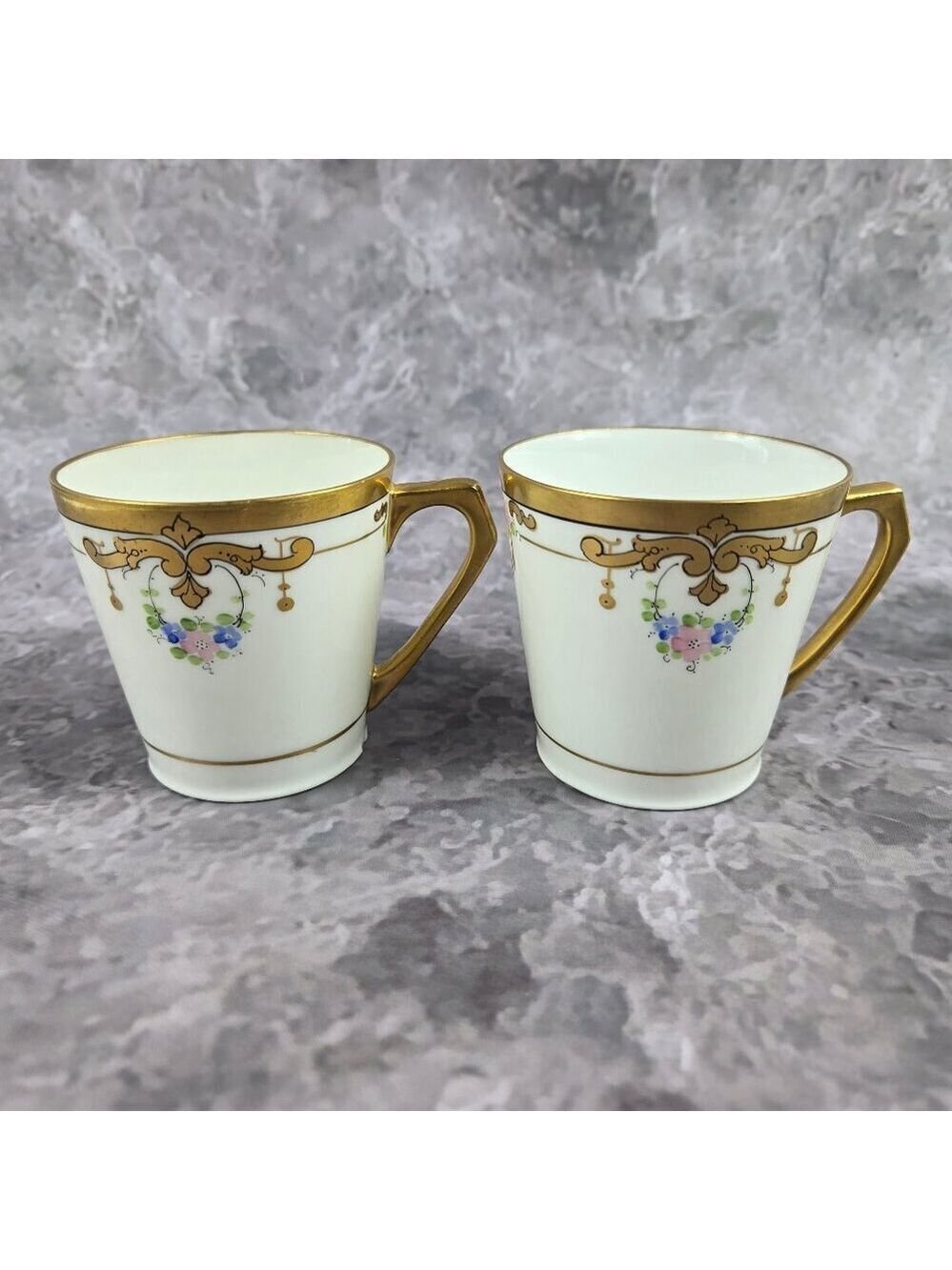 Set of 2 Bone China Tea Cups White Gold Trim & Handle Floral Accents Vintage